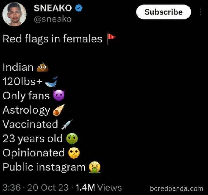 Screenshot of a toxic man’s tweet listing red flags in females, highlighting toxic men that made women sick.