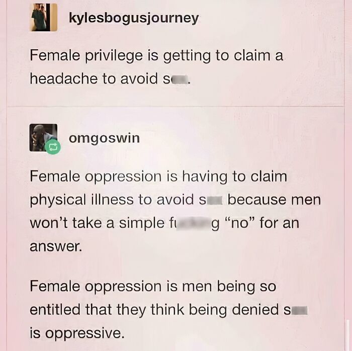 Screenshot of social media comments discussing female privilege and oppression regarding toxic men and women's experiences.
