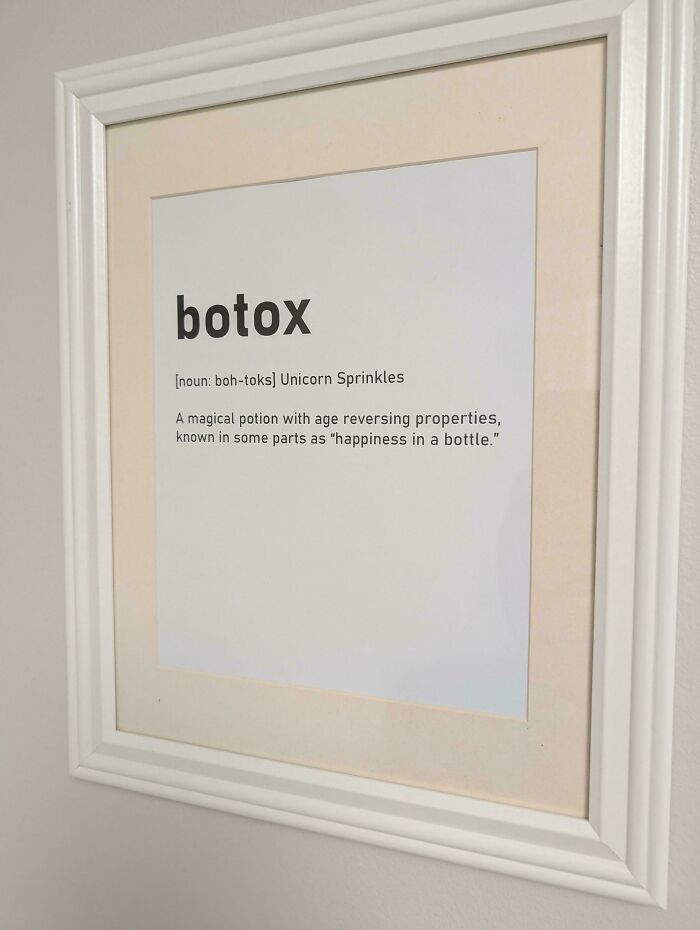 Framed definition of botox as a magical potion, humorously reflecting consumerism and perceived value.