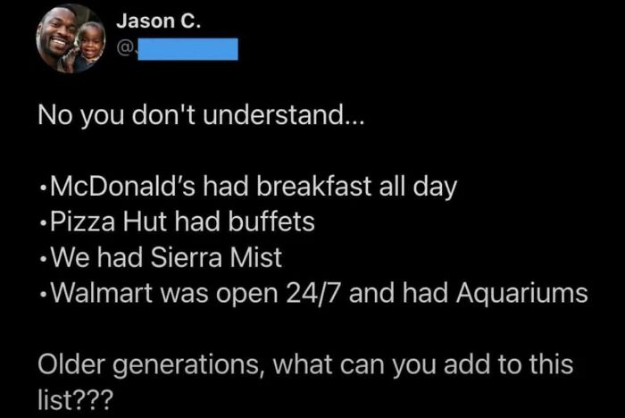 A Twitter post detailing past consumerism offerings, like all-day McDonald's breakfast, highlighting changes.