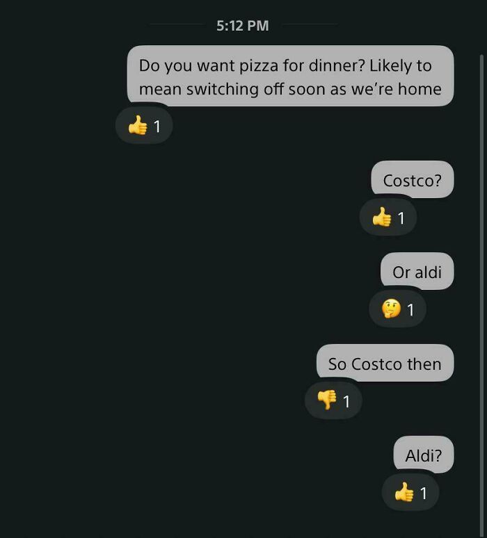 Text message conversation showing playful parent-kid humor about choosing between Costco or Aldi for pizza dinner.