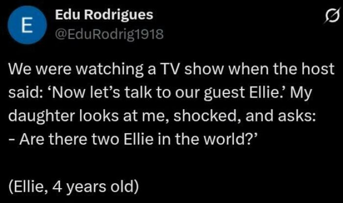 Screenshot of a funny parent-kid conversation tweet showing child’s humorous question about a TV show guest named Ellie.