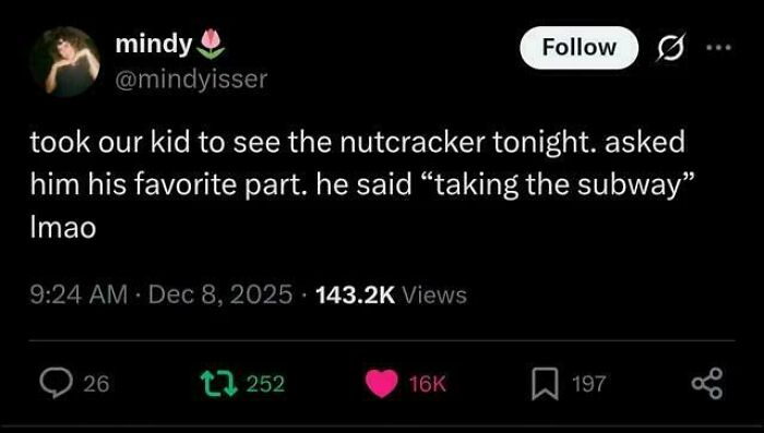 Tweet of a parent sharing a funny kid conversation about the Nutcracker and favorite part being taking the subway.