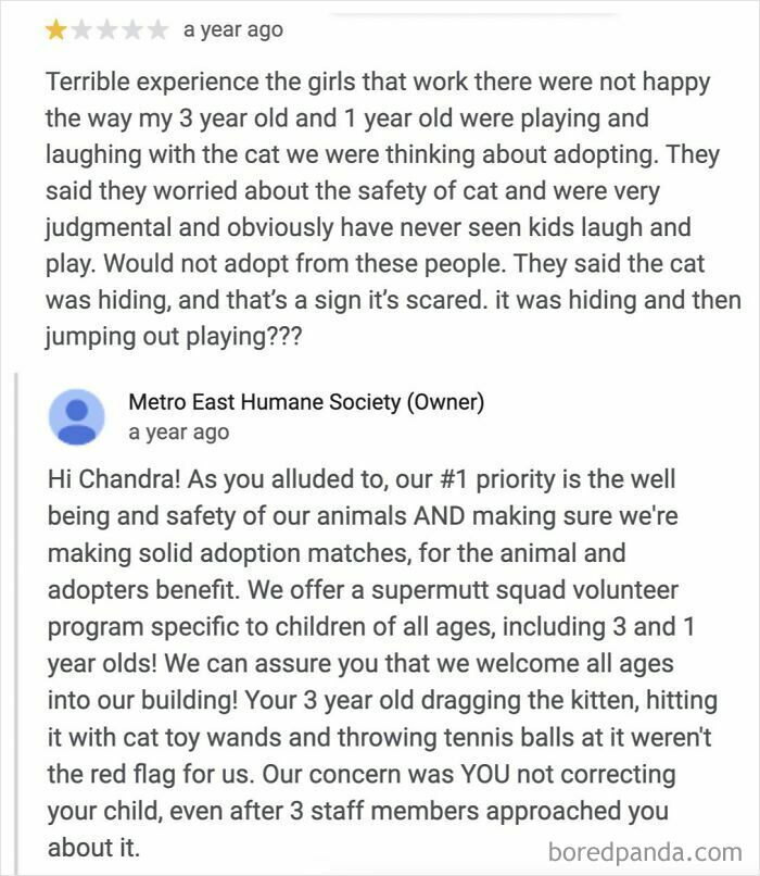 One-star entitled review of animal adoption experience with a defensive response from shelter staff explaining safety concerns.