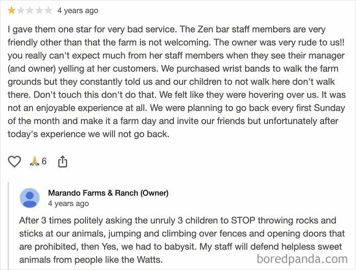 One-star review of farm visit with rude owner and unruly children disrupting animals, illustrating absurd entitled customer complaints.