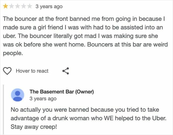 One-star absurd review about a bouncer banning a man, with bar owner responding to entitled behavior.