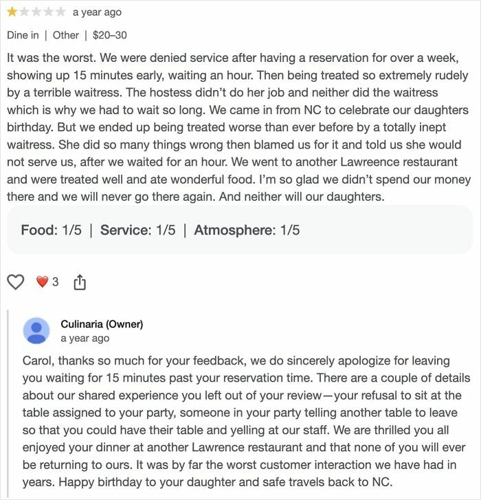 Negative customer review and owner response illustrating absurd reviews from entitled people who don’t understand how the world works.