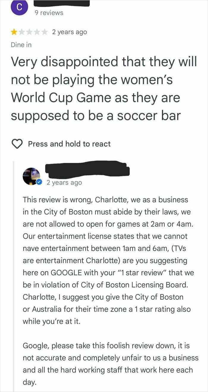 One-star absurd review about soccer bar not showing women's World Cup with business reply explaining legal restrictions.