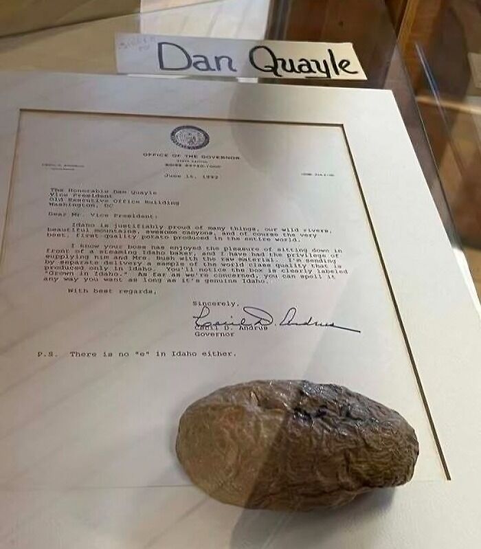 Letter from Idaho Governor with preserved potato on display capturing the essence of the state's unique culture and history.