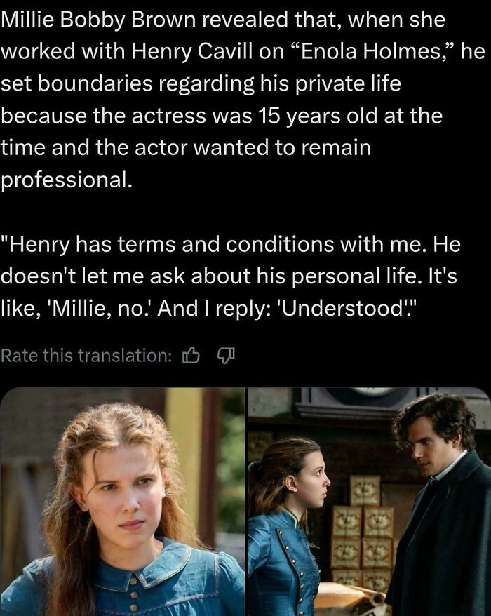 Text excerpt from Millie Bobby Brown about working with Henry Cavill, alongside movie stills illustrating film industry memes.