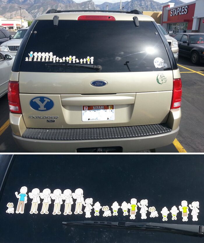 Car rear window with family stick figure decals and Utah license plate, capturing the essence of state pride in the US.