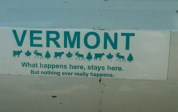Sticker showing Vermont with cows, moose, and maple leaves, capturing the essence of each US state in a unique way.