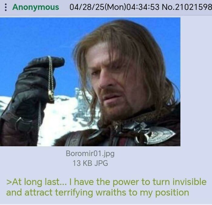 Boromir from The Lord of the Rings holding a necklace with a humorous movie and film industry meme caption.