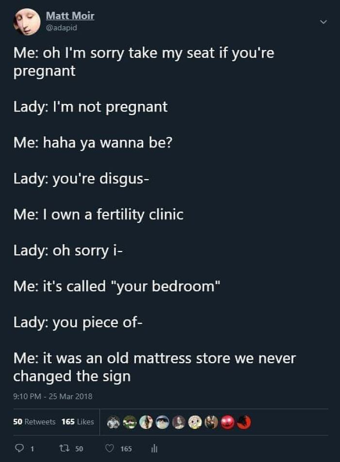 Tweet showing a humorous post with a surprising second half involving a fertility clinic and an old mattress store sign.