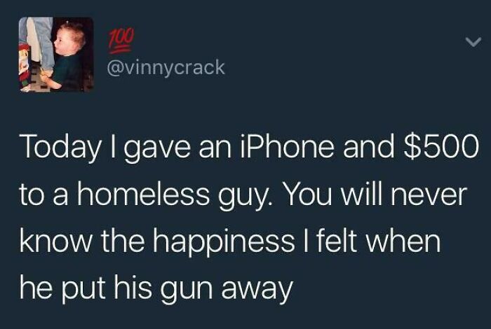 Tweet about giving an iPhone and $500 to a homeless man with a shocking and impactful second half.