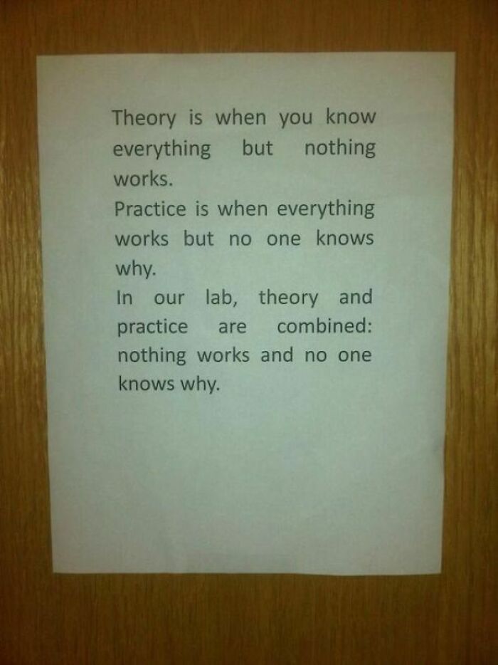 Printed note on a wooden door humorously explaining theory and practice, fitting the theme of seemingly innocent posts with a crazy second half.