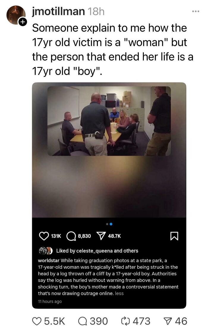 Social media post questioning gender labels in a tragic incident involving toxic men and a young woman victim.