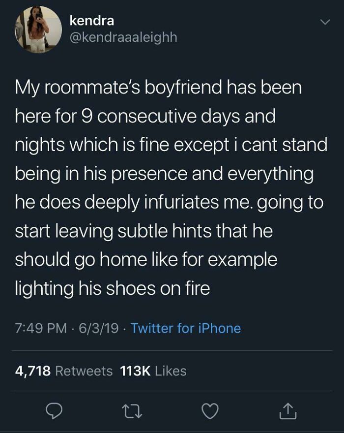 Tweet showing a seemingly innocent post that hits with a crazy second half about a boyfriend overstaying.