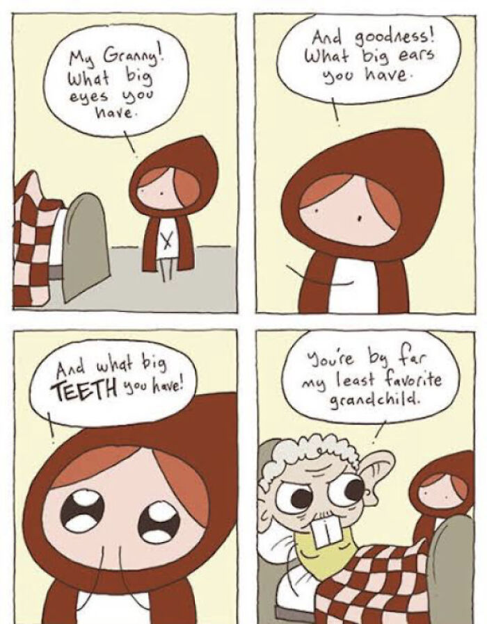 Cartoon of a seemingly innocent post with a surprising second half featuring a girl talking to her granny in bed.