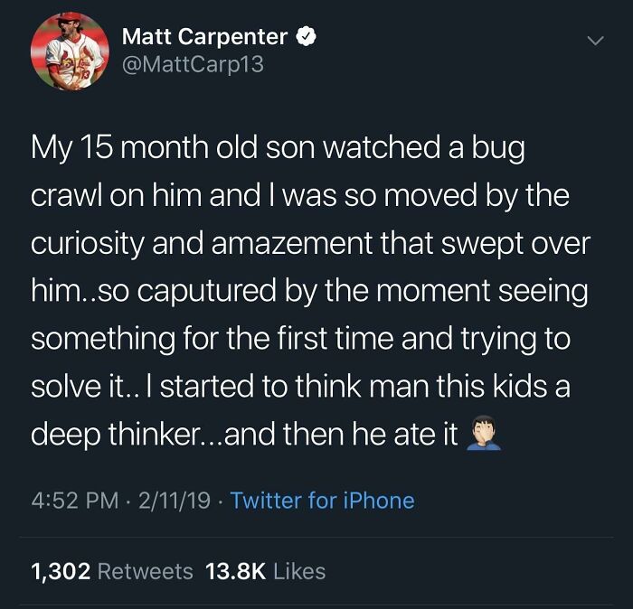 Tweet about a toddler's curious moment that unexpectedly took a surprising turn in seemingly innocent posts with crazy second half.