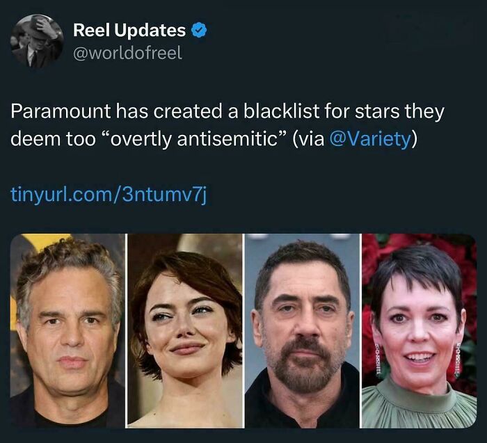 Tweet about Paramount creating a blacklist for stars, with headshots of actors, relevant to movie and film industry memes.