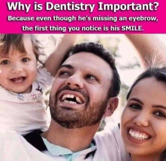 Man missing an eyebrow but smiling widely with a woman and child, showcasing the impact of seemingly innocent posts.