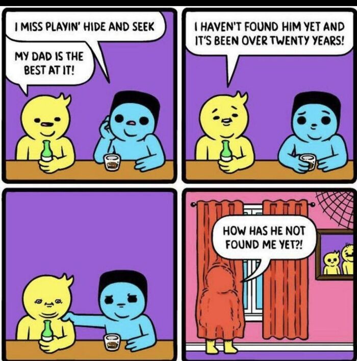 Comic strip showing two colorful characters drinking and discussing hide and seek, illustrating seemingly innocent posts with a crazy second half.