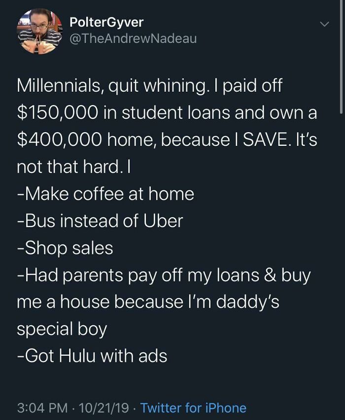 Tweet about millennials, saving money, and loans with a surprising twist typical of seemingly innocent posts with crazy second half.