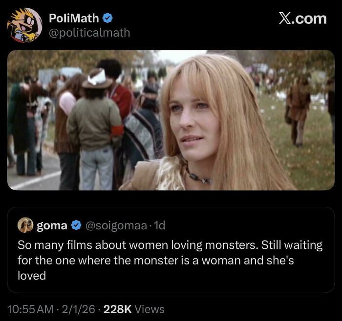 Tweet about films and monsters, featuring a woman in a movie scene, related to movie and film industry memes.
