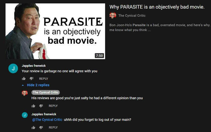 YouTube video screenshot showing a controversial movie review and heated film industry meme debate in the comments.
