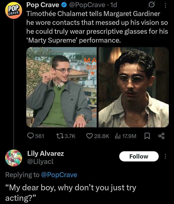 Tweet about Timothée Chalamet's acting and glasses in a meme related to the movie and film industry.