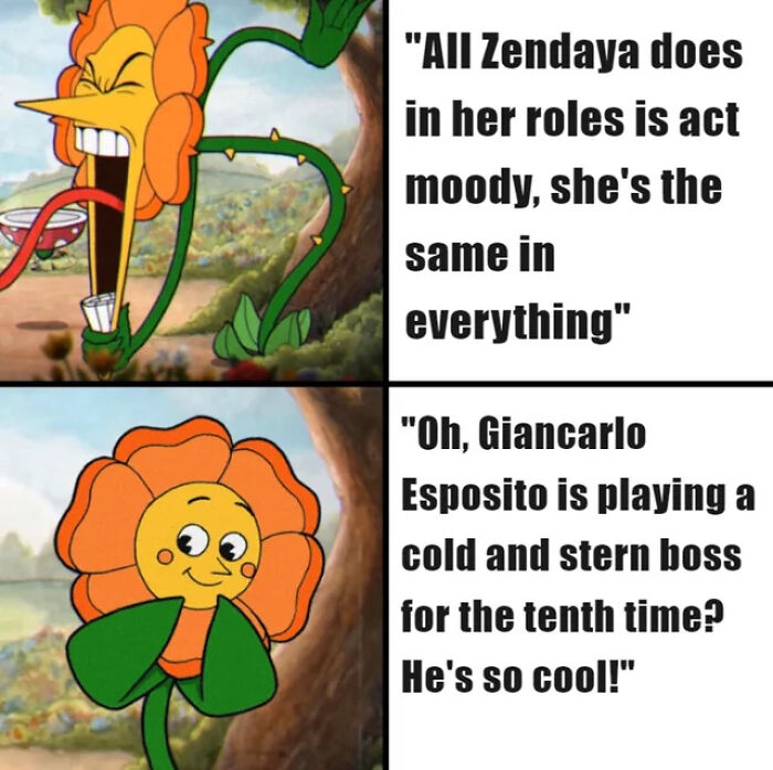 Animated flower character expressing different emotions paired with film industry memes about actor typecasting and roles.