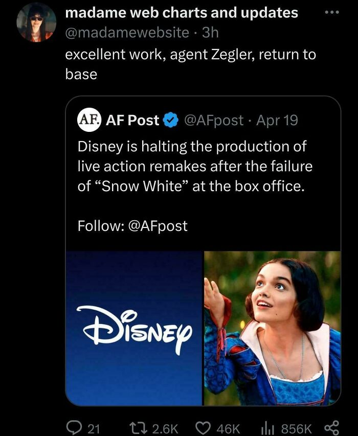 Twitter post discussing Disney halting live action remakes after Snow White box office failure, related to movie and film industry memes.