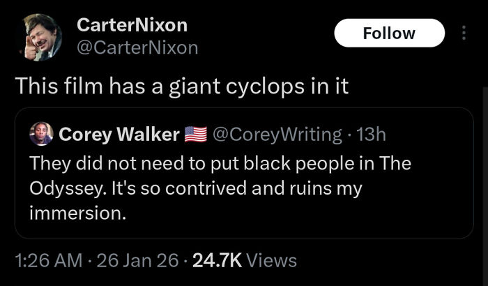 Twitter conversation about film casting choices mentioning a giant cyclops, relevant to movie and film industry memes.