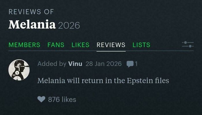 Screenshot of a film industry meme showing a fictional movie review for Melania 2026 with a humorous comment.