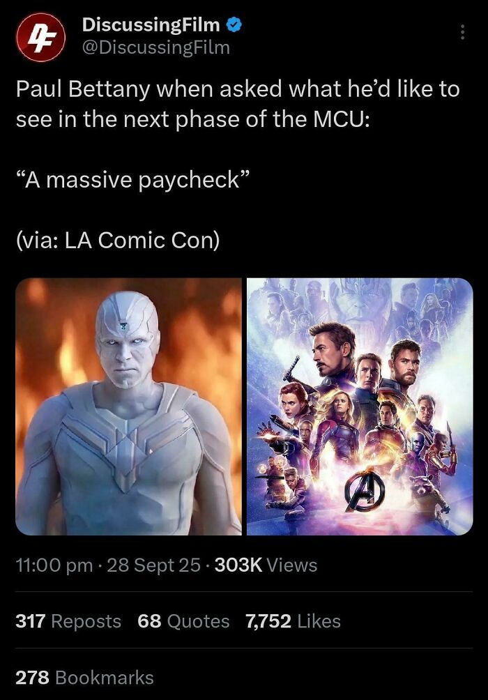 Tweet from DiscussingFilm quoting Paul Bettany about MCU with images of Vision and Avengers, movie and film industry memes.