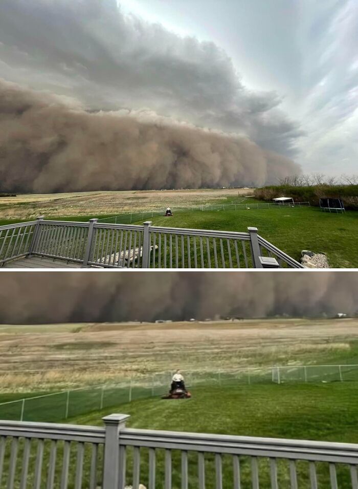 Massive dust storm rolling over a rural field with a person mowing the lawn, capturing the essence of each US state.