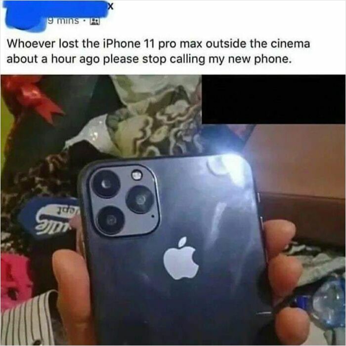 Social media post showing a lost iPhone 11 Pro Max with a humorous second half twist.