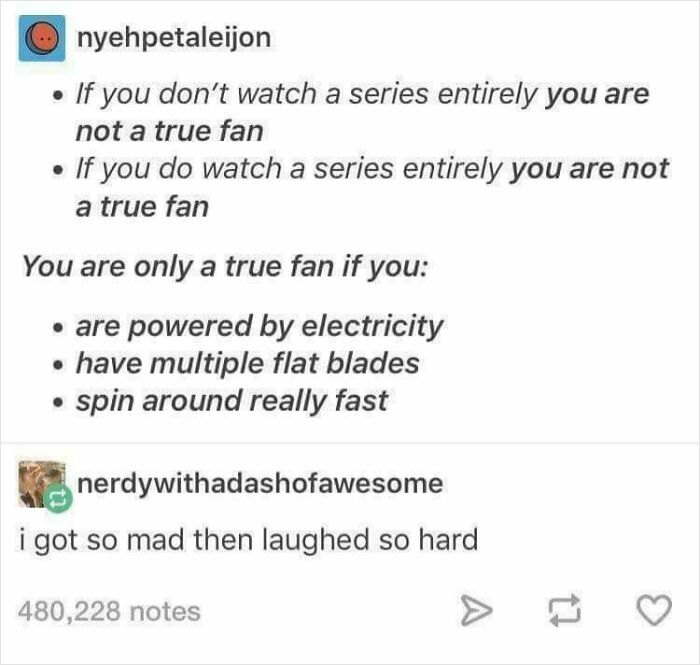 Screenshot of a seemingly innocent post that hits with a crazy second half about true fans and electric fans.