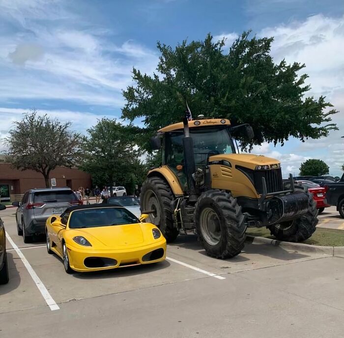 Yellow sports car and large tractor parked side by side, capturing unique contrasts in US state scenes.