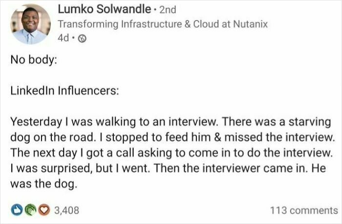 Social media post showing a seemingly innocent story that hits with a crazy second half on LinkedIn influencers.