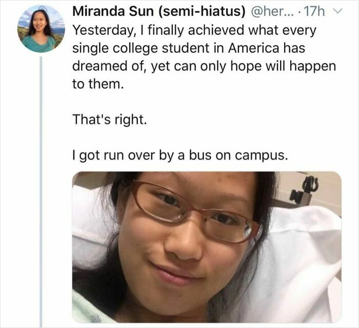 Tweet showing a woman smiling in a hospital bed, illustrating seemingly innocent posts with a crazy second half twist.