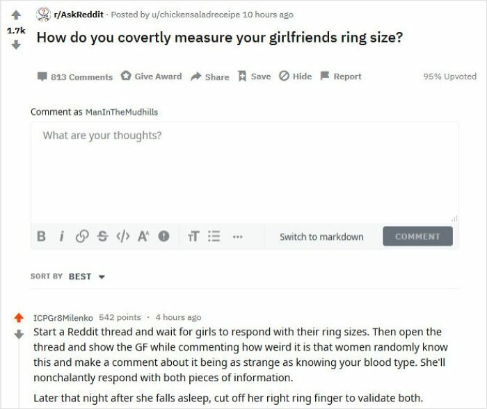 Reddit thread asking how to covertly measure girlfriends ring size with unexpected dark second half.