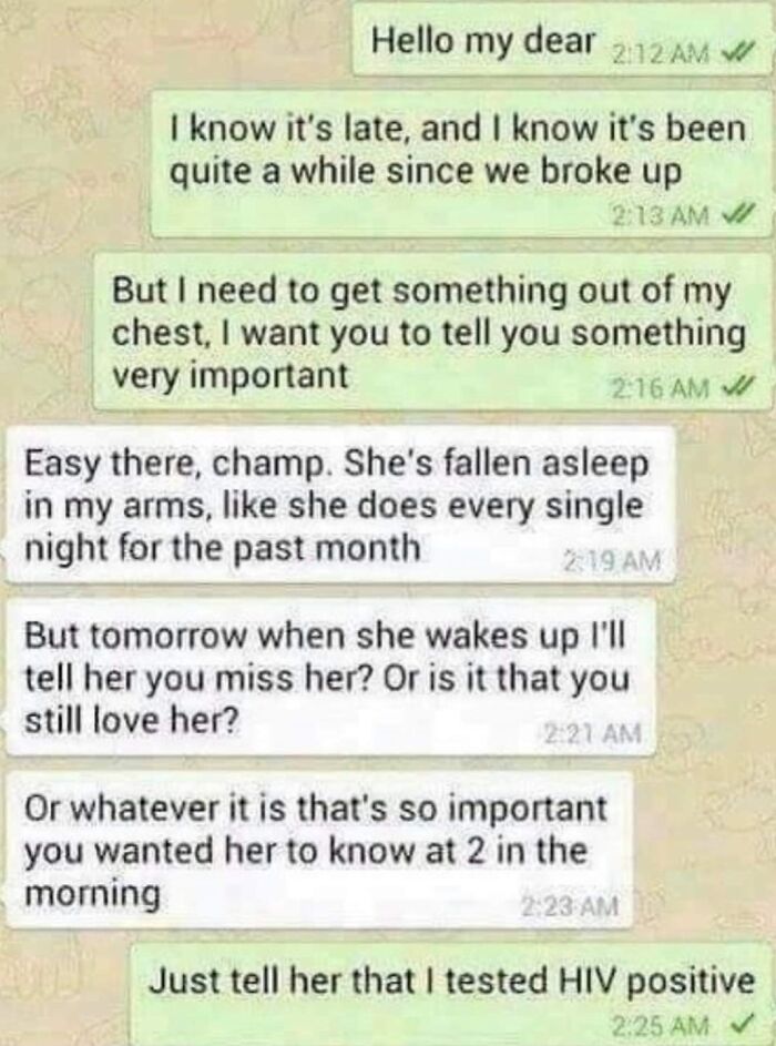 Screenshot of a seemingly innocent post that reveals a shocking second half in a chat conversation at night.