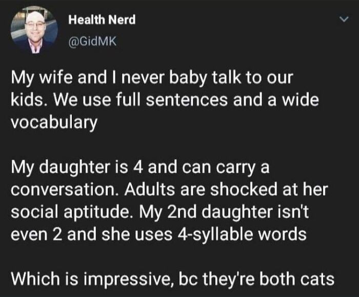 Tweet about seemingly innocent posts that hit with a crazy second half showing surprising punchline about cats.