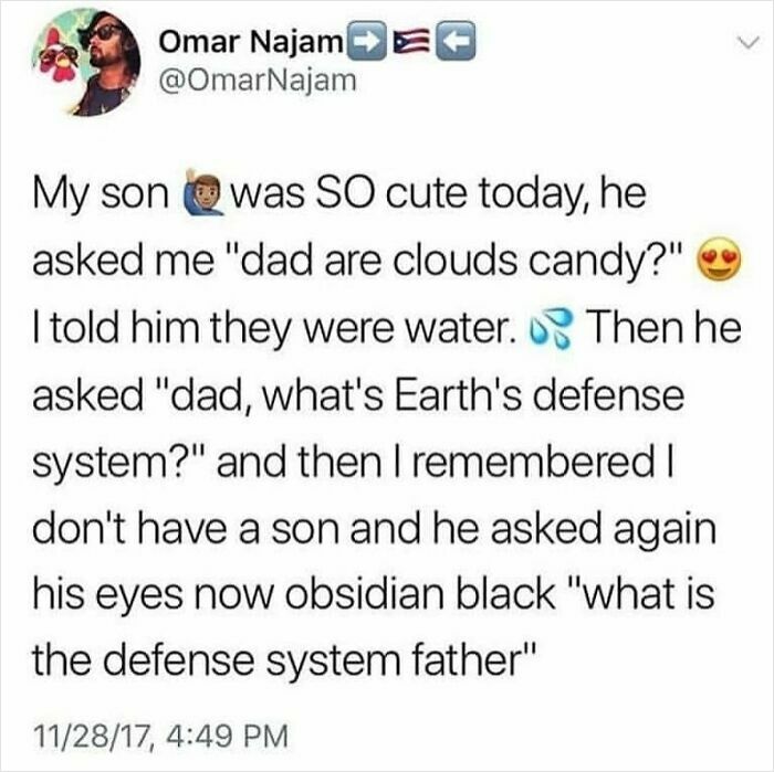 Screenshot of a tweet with a seemingly innocent post that hits with a crazy second half about a son's unusual questions.