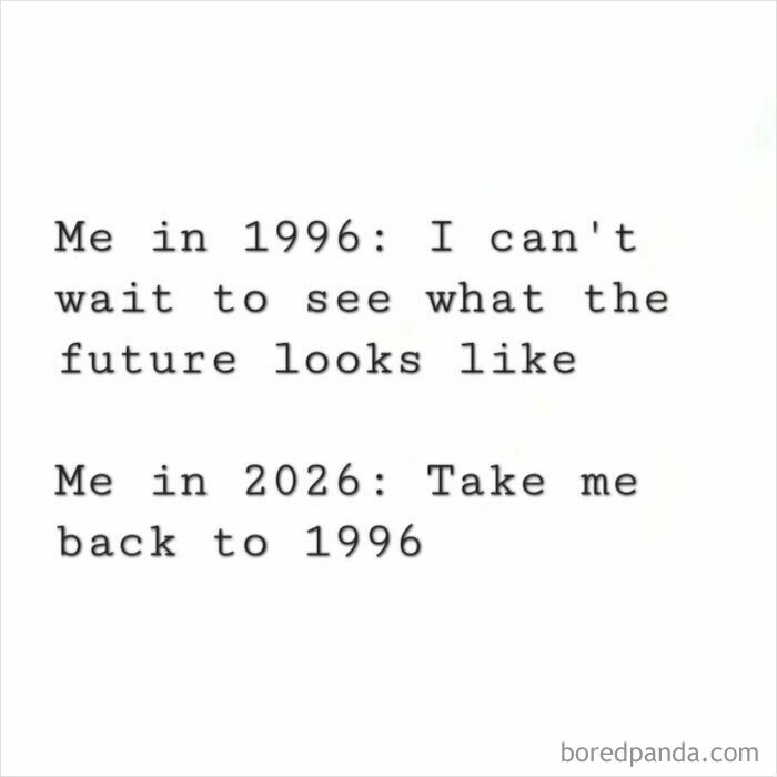 Text post contrasting excitement for the future in 1996 with wanting to return to childhood in 2026, nostalgic for millennials.