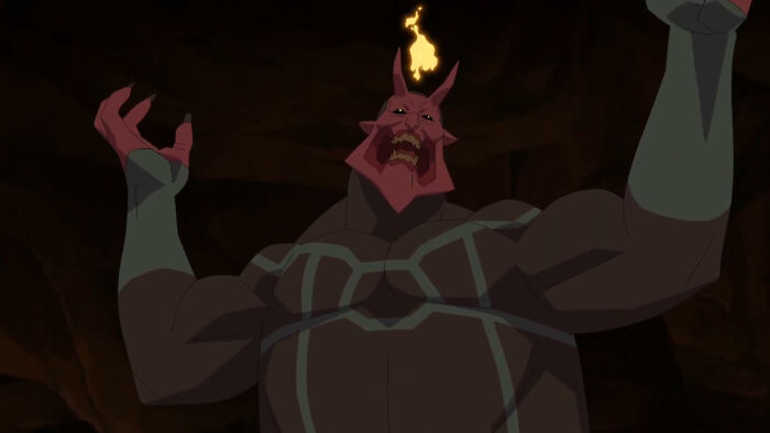 Animated character Satan from Invincible Season 4 Episode 4 with fiery horn and muscular build in a dark setting.