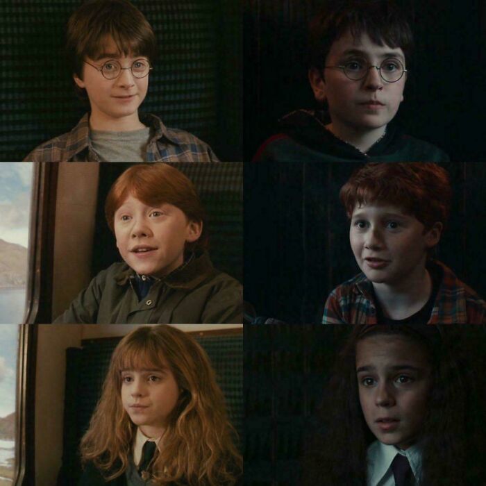 Hilarious movie details: A split image showing original Harry Potter characters and their younger counterparts.
