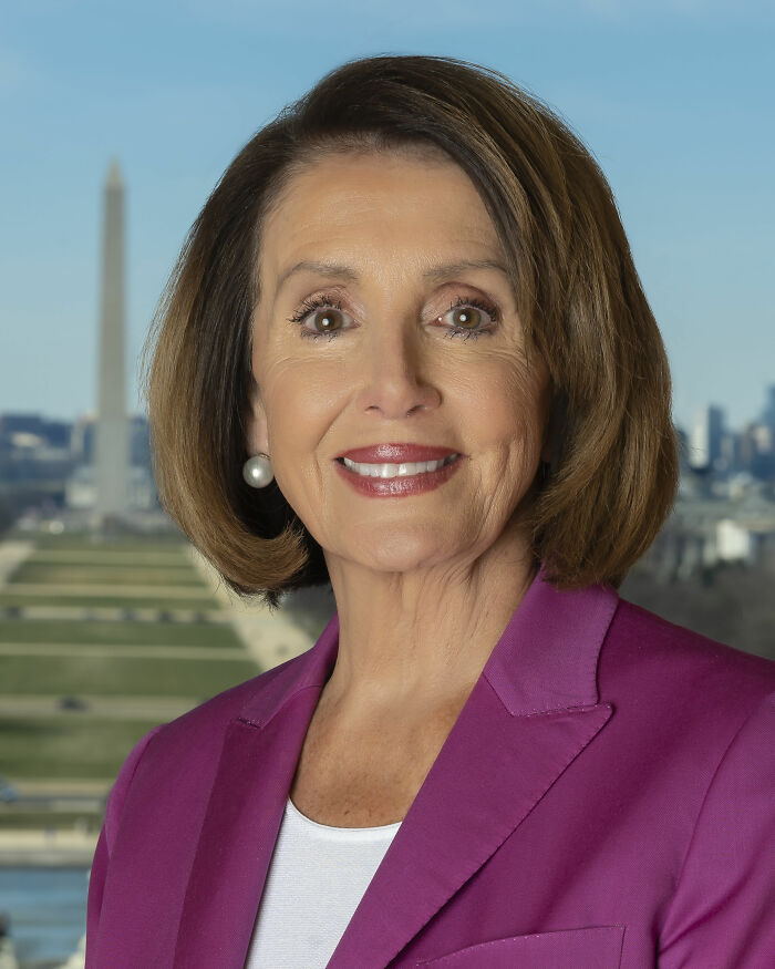 Nancy Pelosi smiling in a magenta blazer with the Washington Monument in the background, political career portrait.